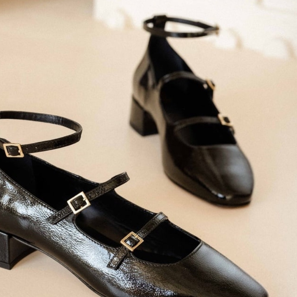 Zara Black Patent Triple Strap Block Heel Maryjane with Ankle Strap